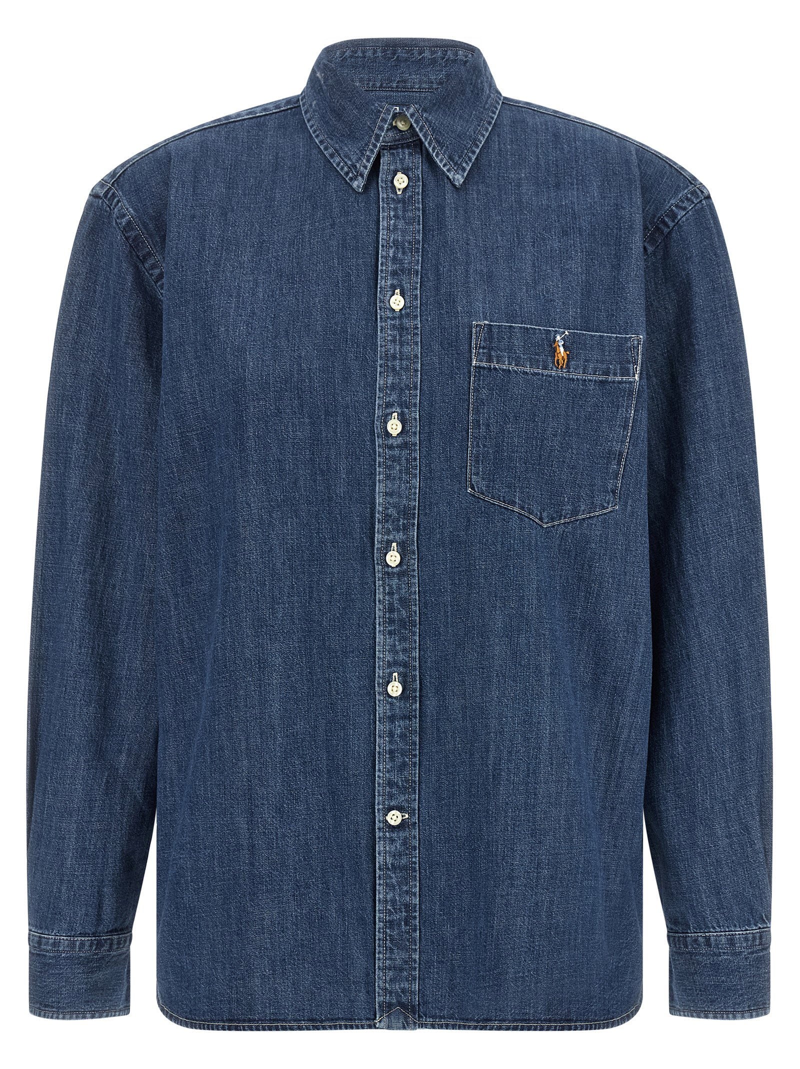 Logo-Embroidered Denim Shirt — Blue