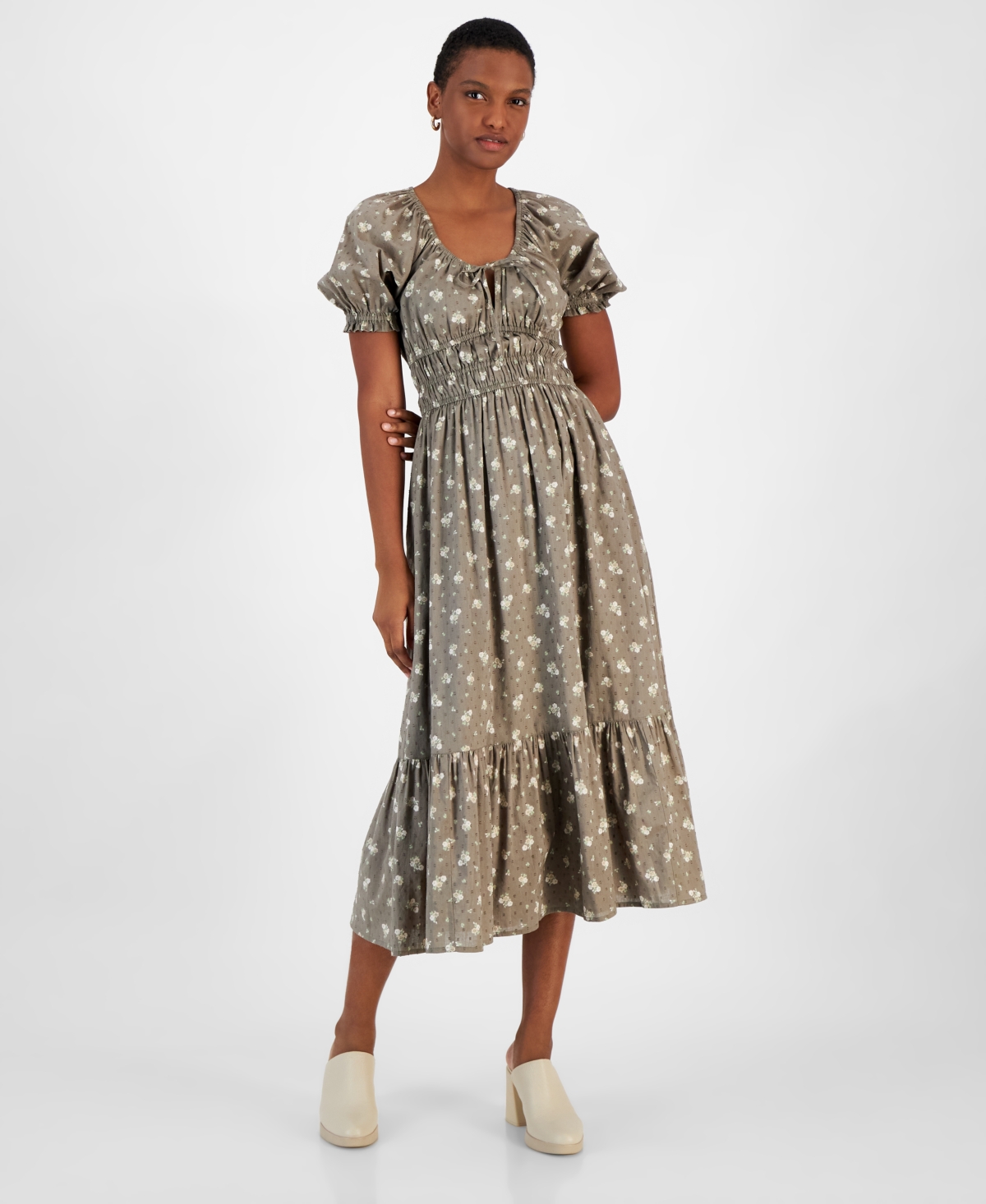 Women's Short-Sleeve Clip-Dot Midi Dress, Created for Macy's - Crushed Oregano Floral