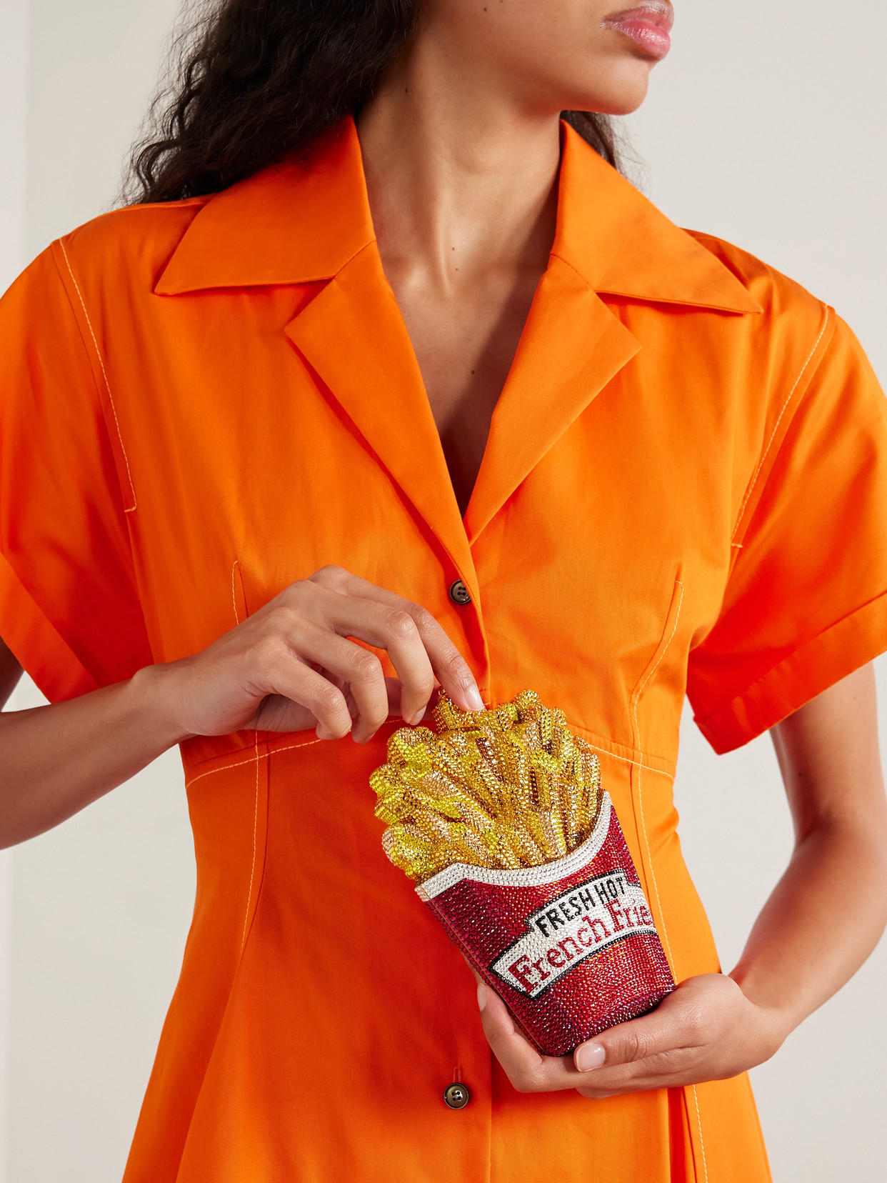 French Fries Fresh And Hot Crystal-embellished Gold-tone Clutch - Red