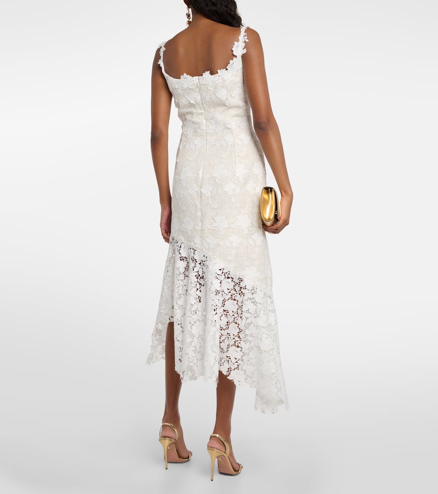 Floral lace-trimmed tweed midi dress