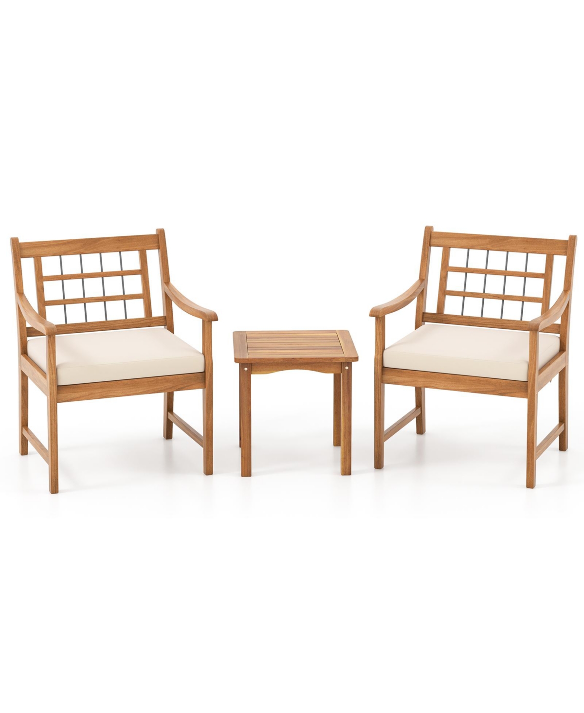3 Piece Wood Patio Furniture Set with Seat Cushions and Acacia Wood Frame - White