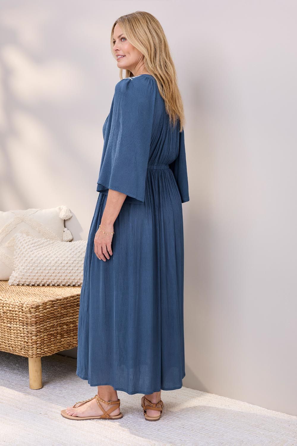 Cotton Traders Women's Embroidered Maxi Dress in Mid Blue