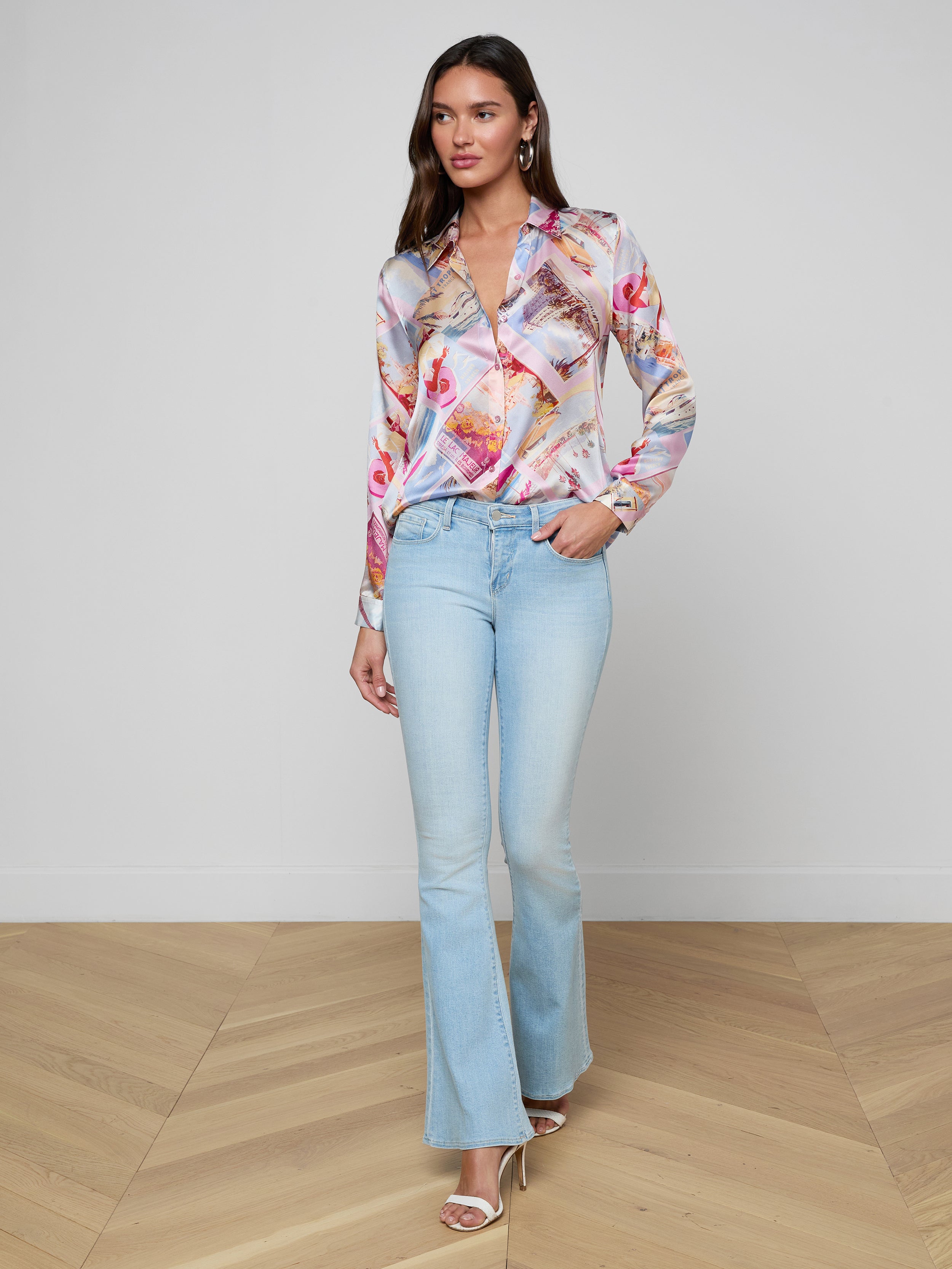 Tyler Silk Blouse Top In Light Pink Multi Large Postcard Print