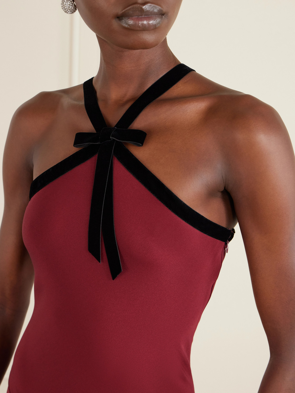 Bow-detailed Velvet-trimmed Silk-crepe Gown - Burgundy