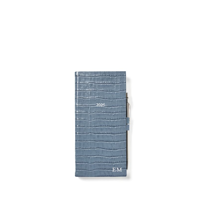 2025 Slim Pocket Leather Diary with Pen in Deep Shine Heritage Blue Small Croc