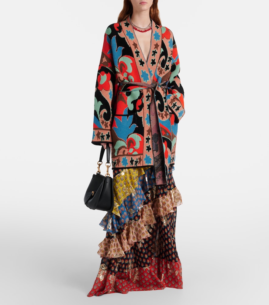 Belted jacquard wool-blend wrap cardigan