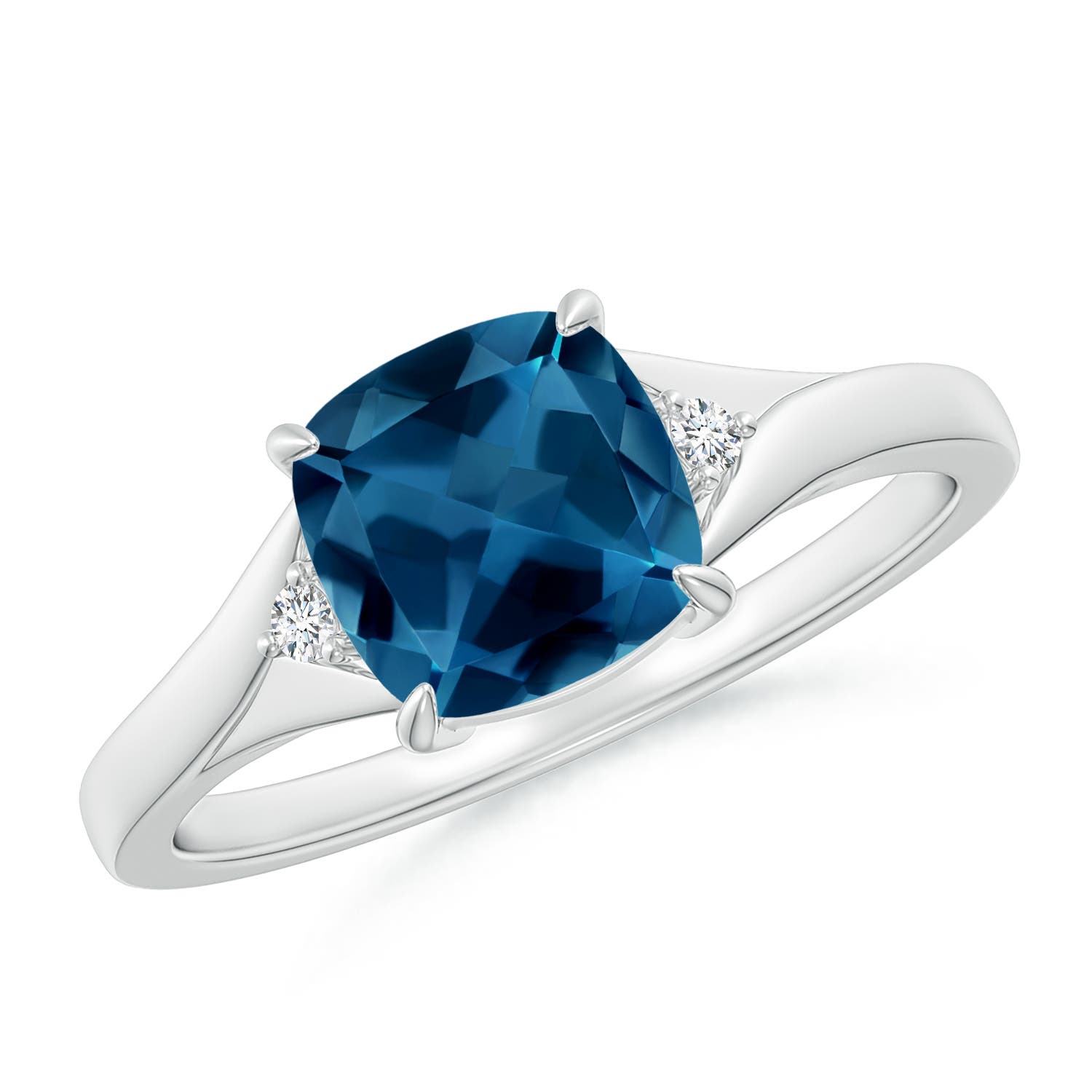 Angara 1.85 Carats Split Shank Cushion London Blue Topaz Solitaire Ring in Platinum
