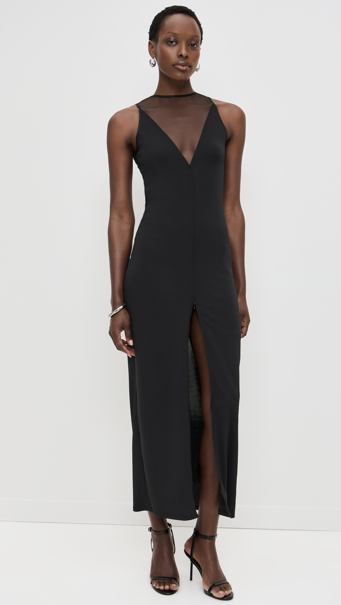 Rose Spine Embroidery High Slit Maxi Dress Black