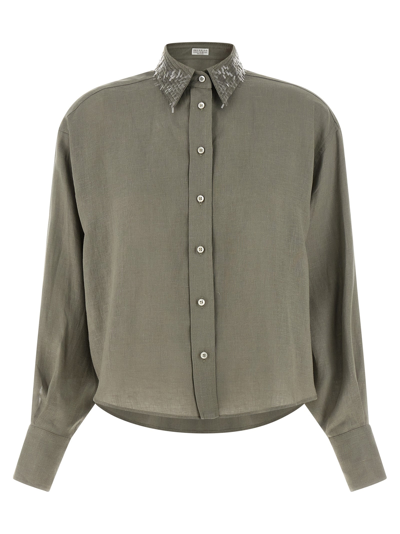 Embroidered Sequin Collar Linen Blouse — Green