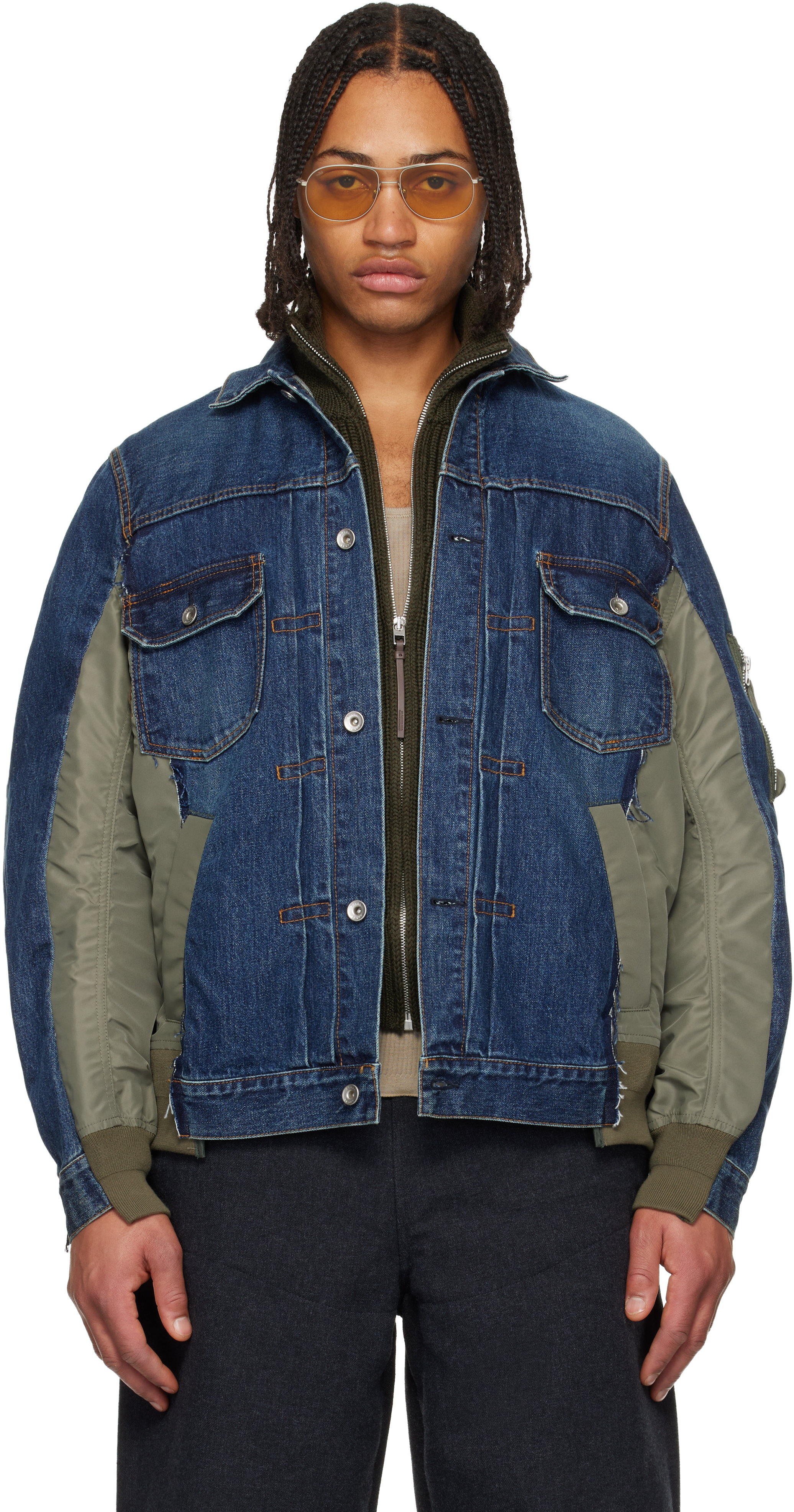 Navy & Khaki Nylon Twill & Denim Jacket