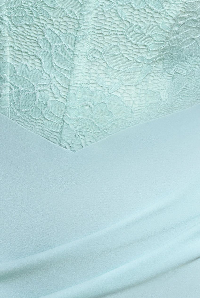 One Shoulder Organza  Fan Detail Lace Bodice Maxi Dress