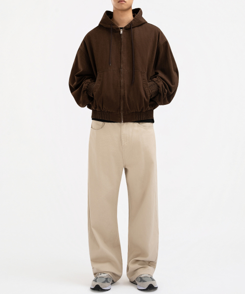 Light Beige Cropped Hooded Zip-Up Work Jacket