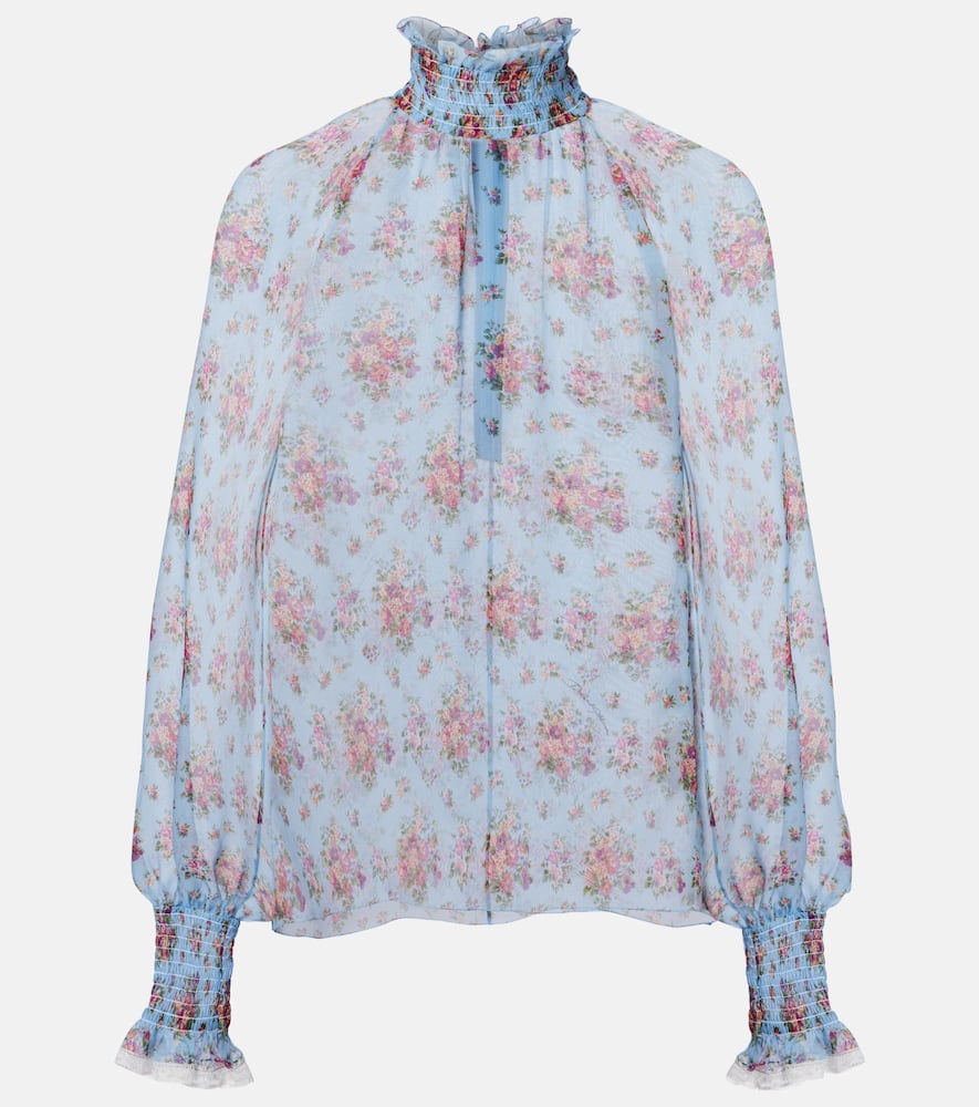 Floral ruffled silk and cotton blouse