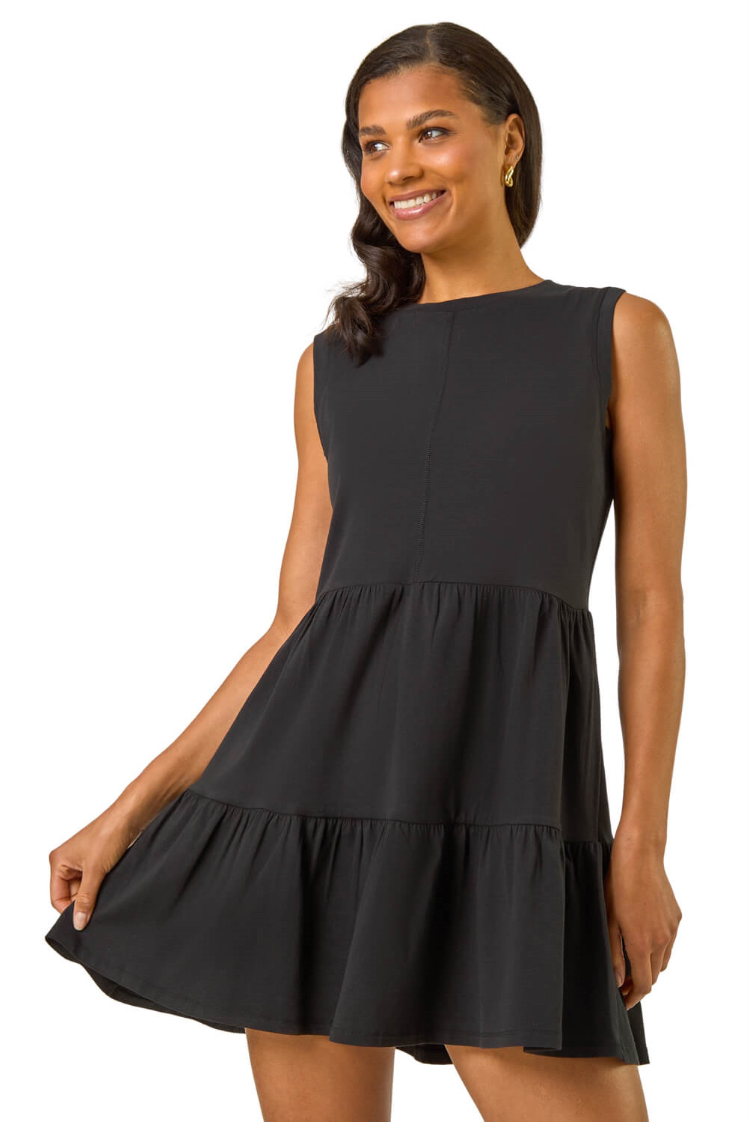 Roman Womens Cotton Tiered Stretch Dress - Black
