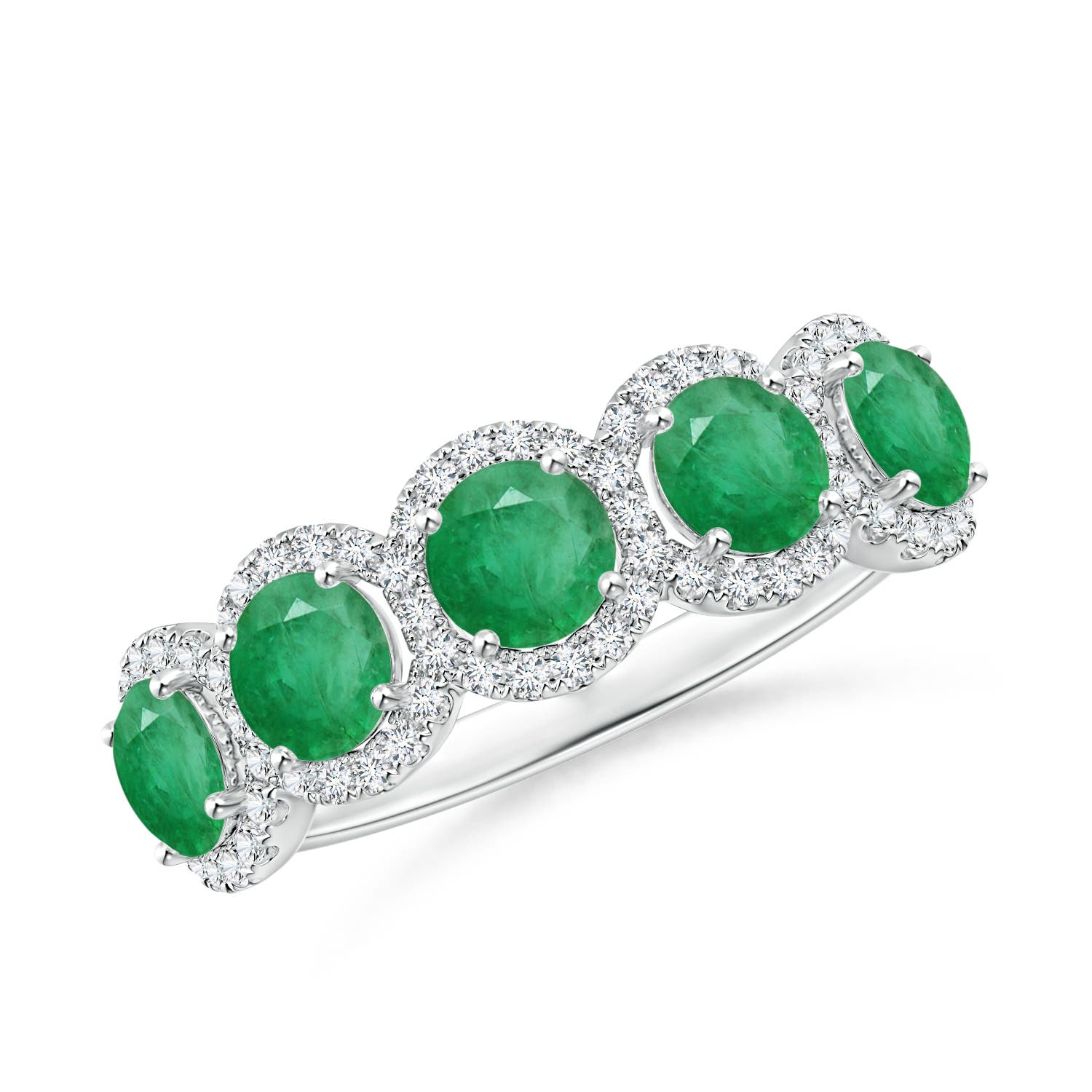 Angara 1.2 Carats Half Eternity Five-Stone Emerald Halo Ring in 18K White Gold