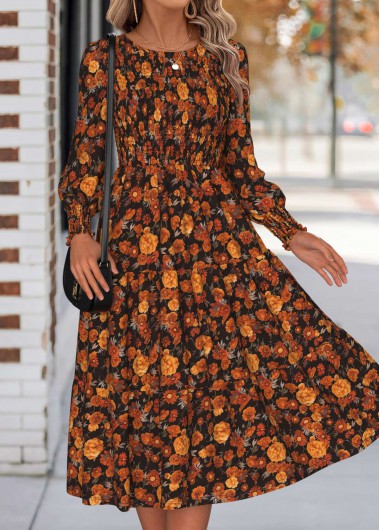 Modlily Orange Tummy Coverage Floral Print Long Sleeve Dre