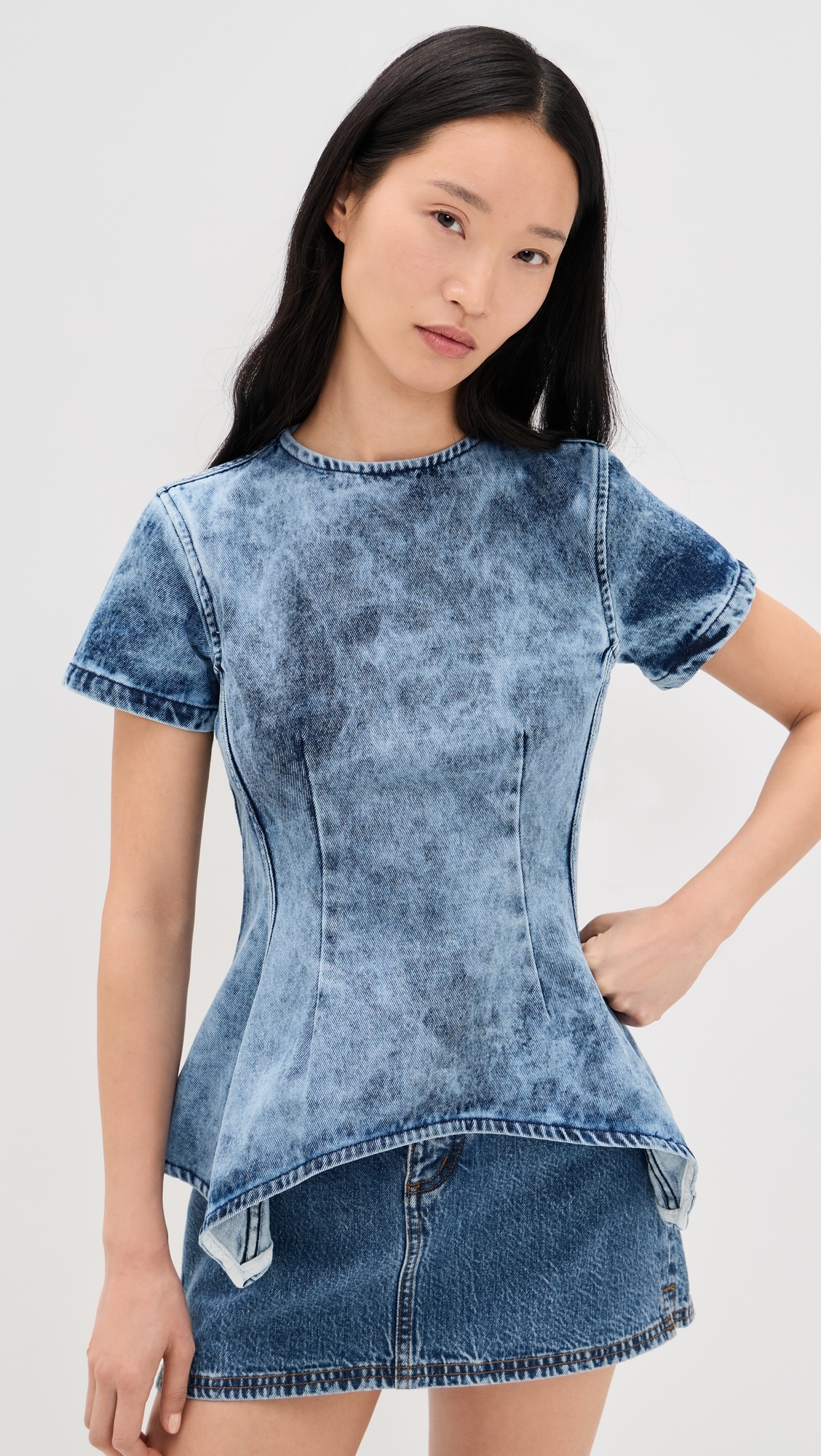 Acid Wash Denim Fitted T-Shirt Blue