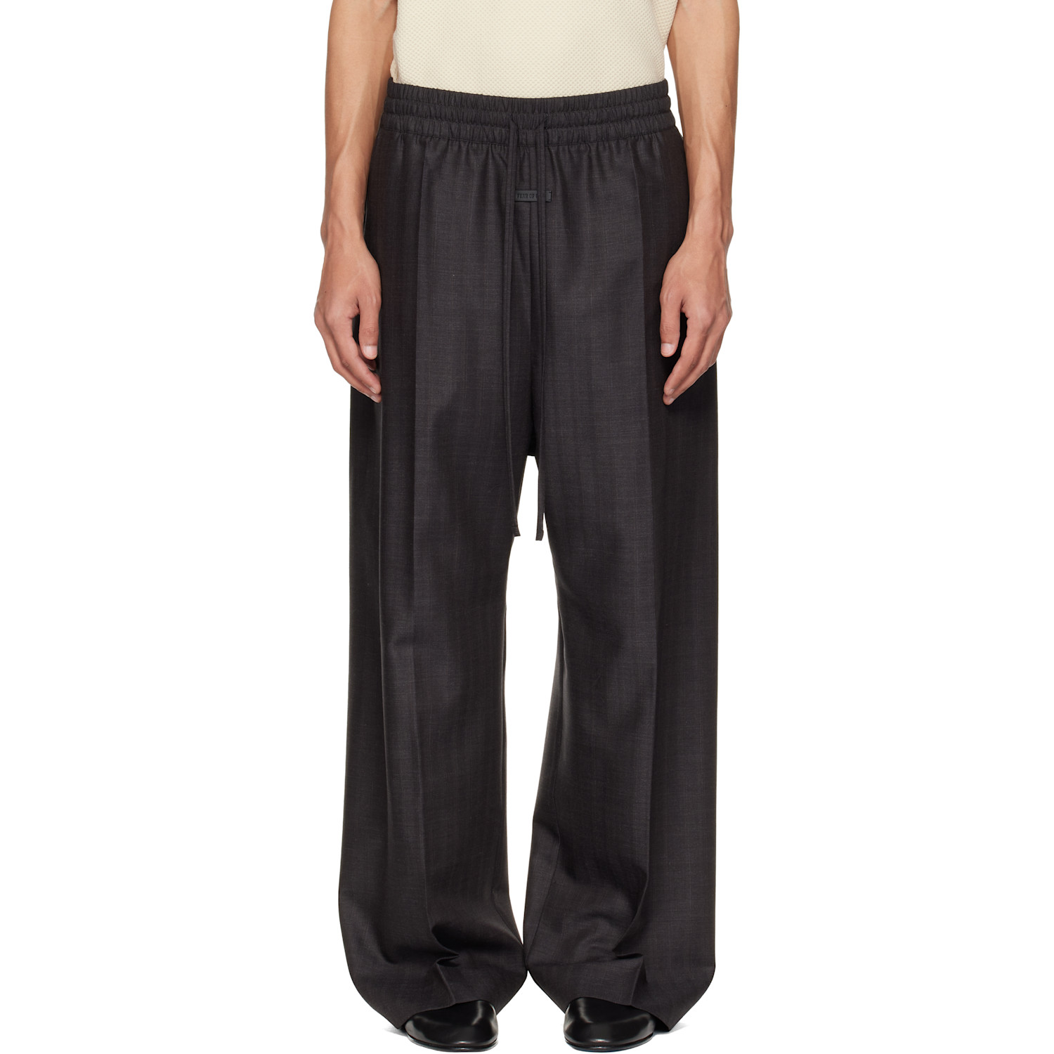 Gray Striped Wool Wide Leg Drawstring Trousers
