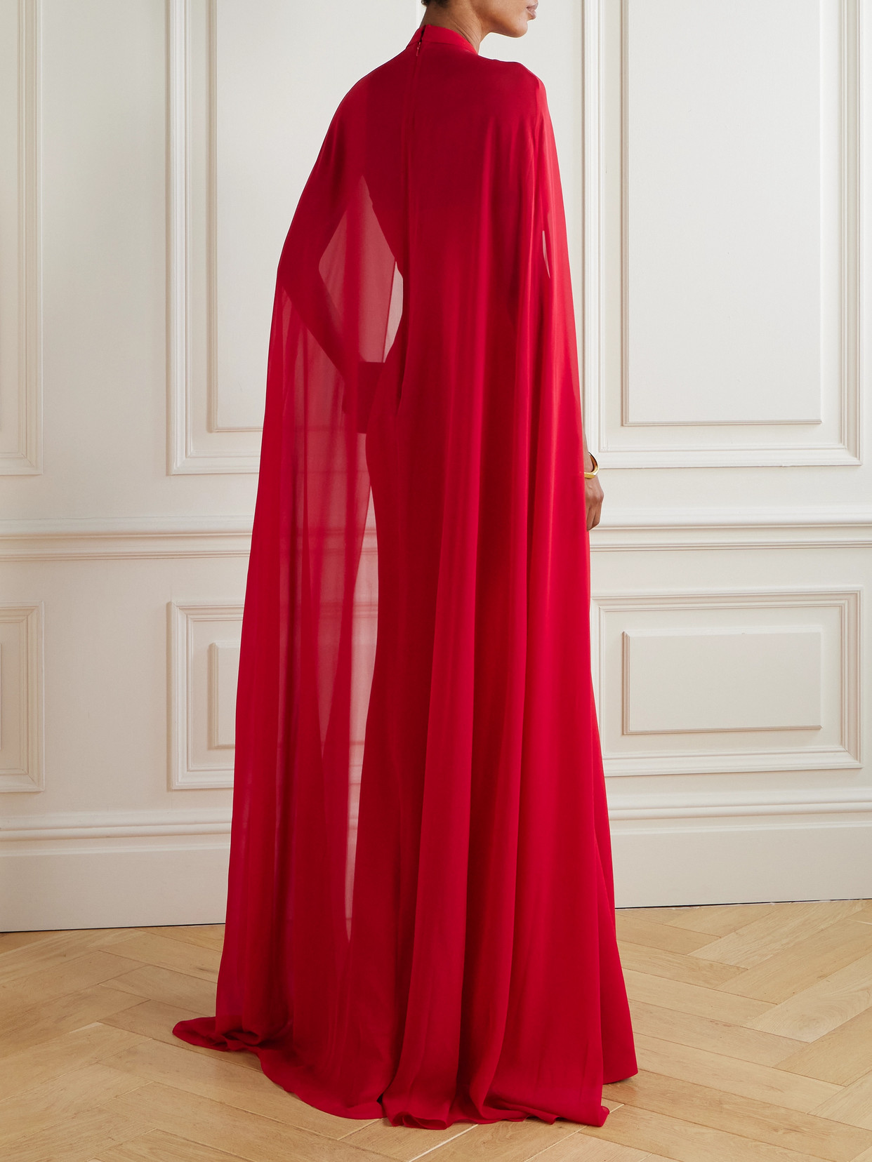 Cape-effect Bow-embellished Crepe Gown - Red