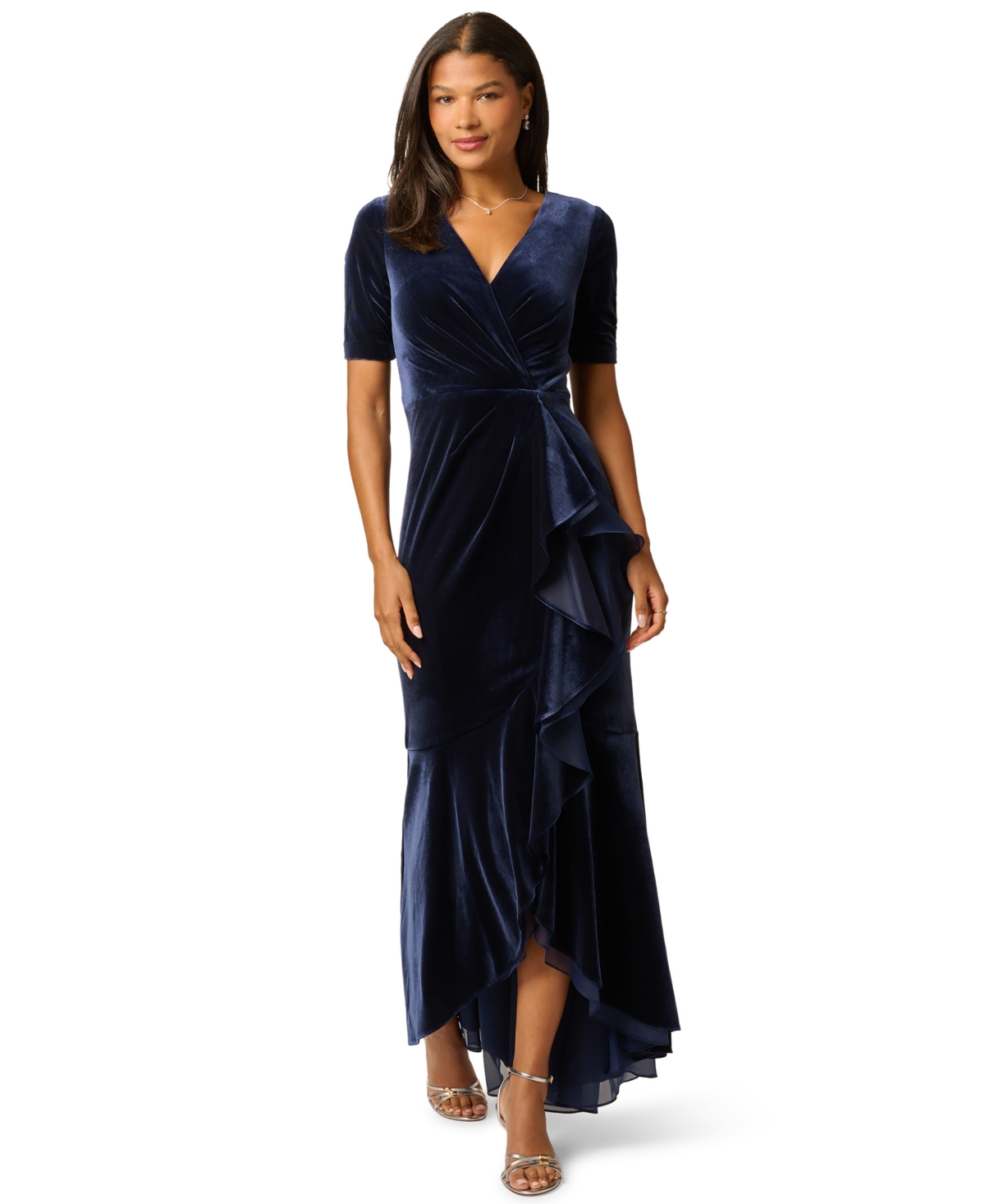 Women's V-Neck Velvet Cascade Gown - Midnight