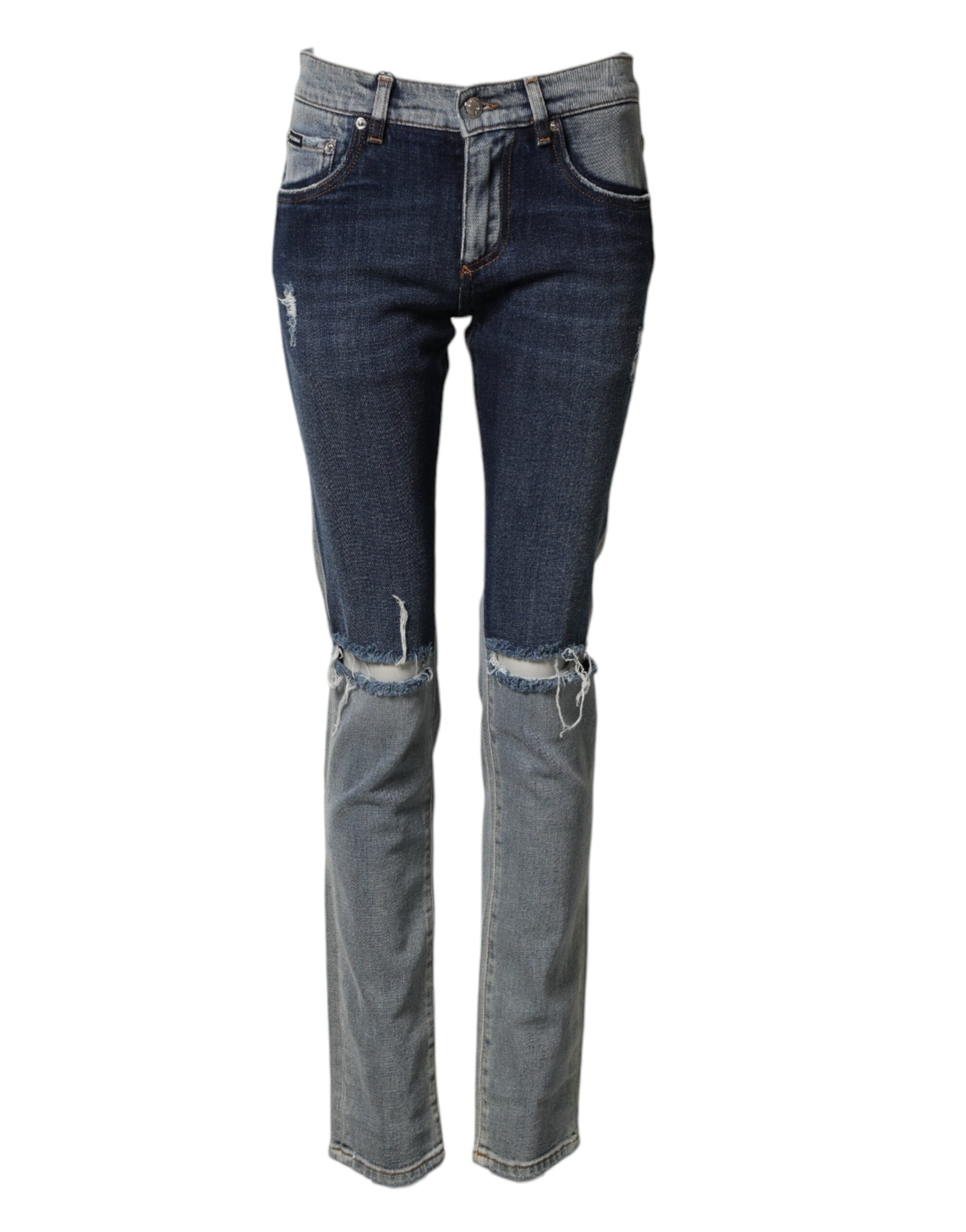 Two-Tone Distressed Cotton Jeans — Blue