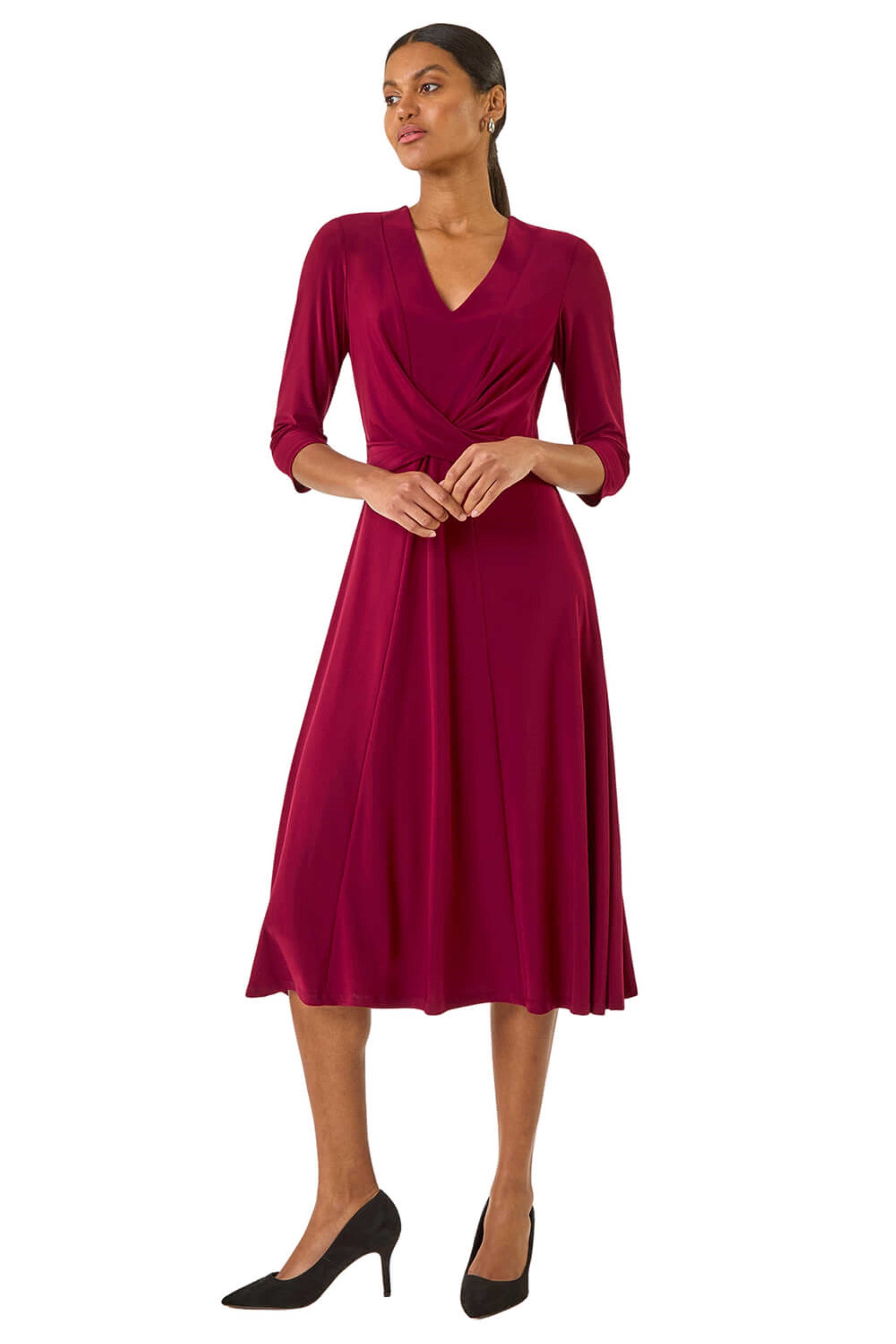Roman Womens Stretch Crossover Midi Dress - Wine