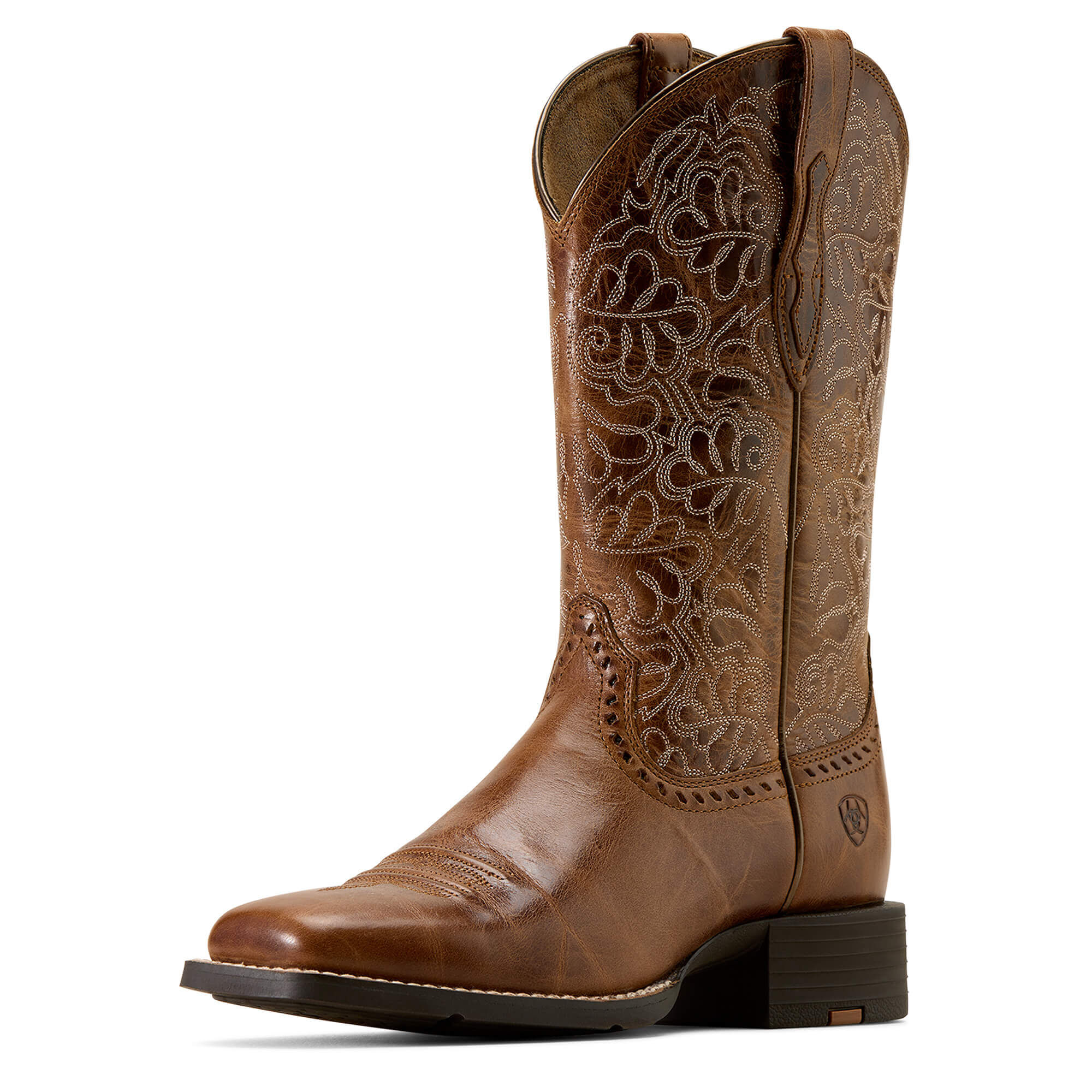 Women's Round Up Remuda Wide Square Toe Western Boots in Aged Tan Leather, B Medium Width, Size 3, by