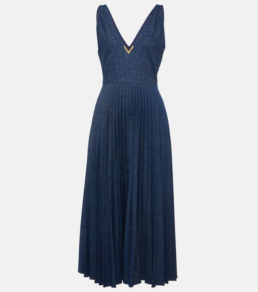 VGold plissé denim midi dress