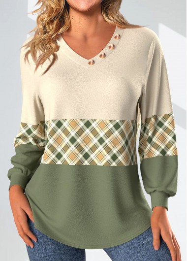 Modlily Light Yellow Patchwork Plaid Long Sleeve V Neck Sweatshirt