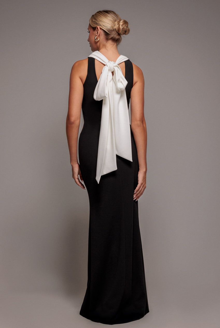 Goddiva Women's Contrast Crepe Halterneck Maxi Dress w/ Sash in Black