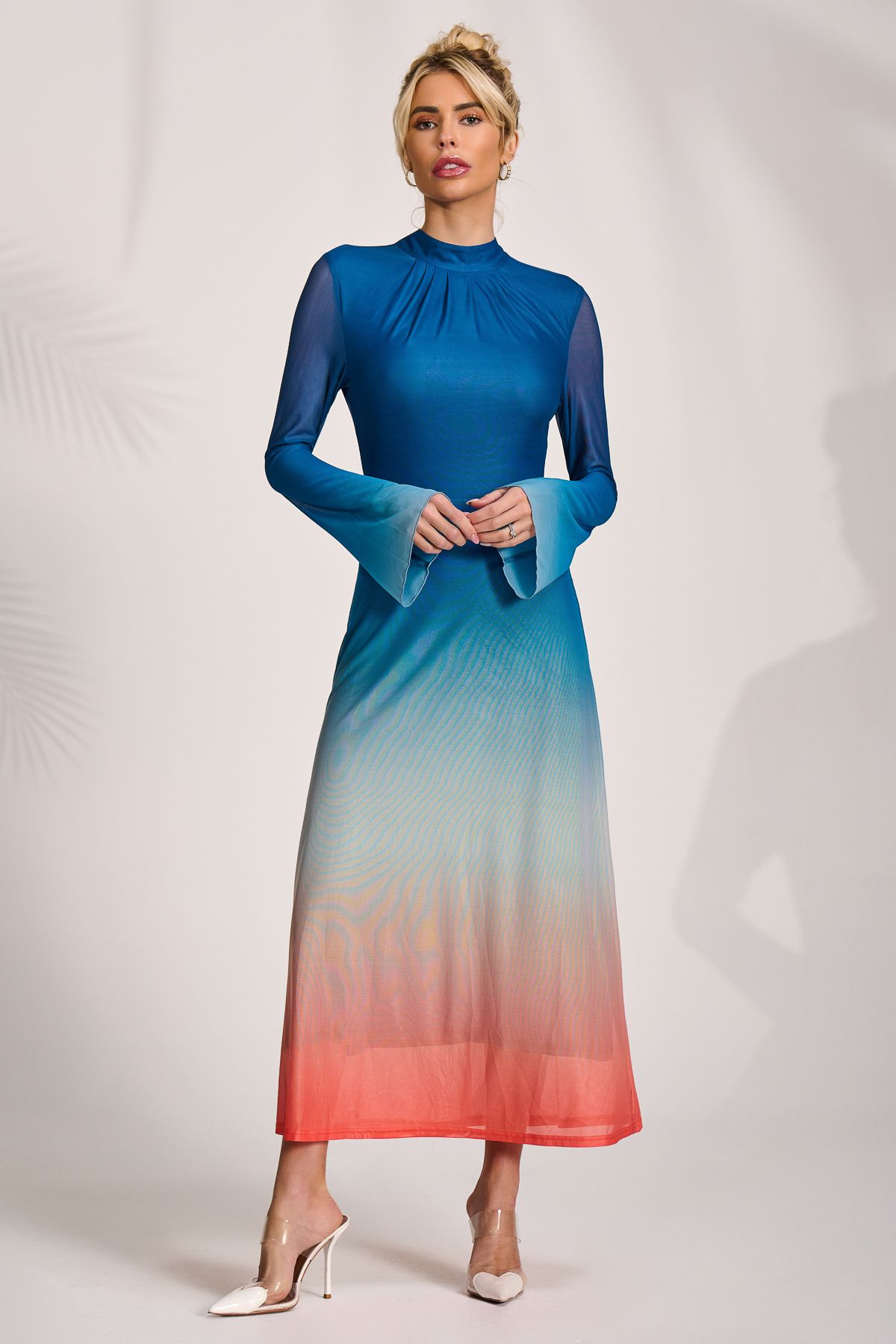 Jolie Moi Women's Long Sleeve High Neck Mesh Dress in Blue
