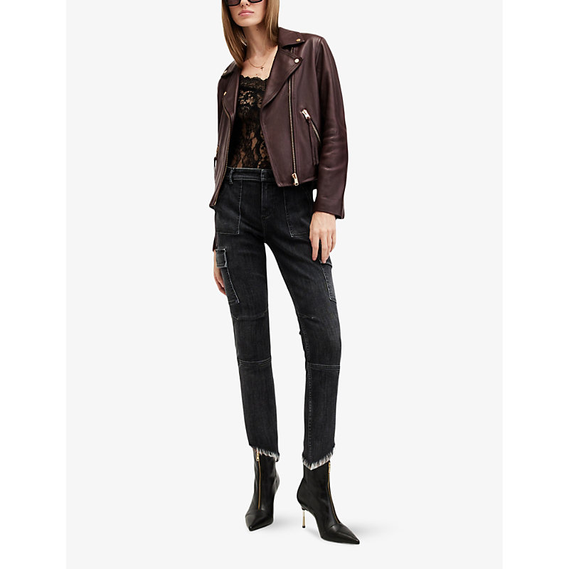 Womens Oxblood Red Dalby Regular-fit Cropped Leather Biker Jacket