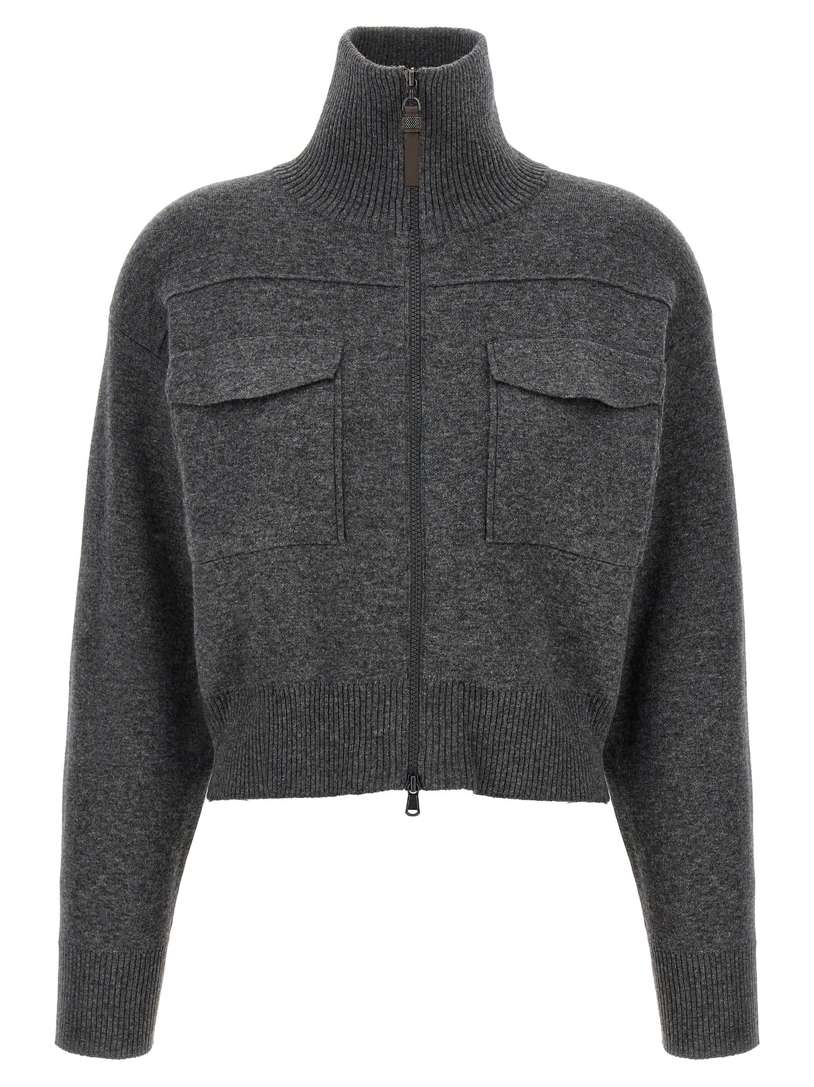 Brunello Cucinelli - Shiny Zipper Pull Sweaters And Cardigans Gray