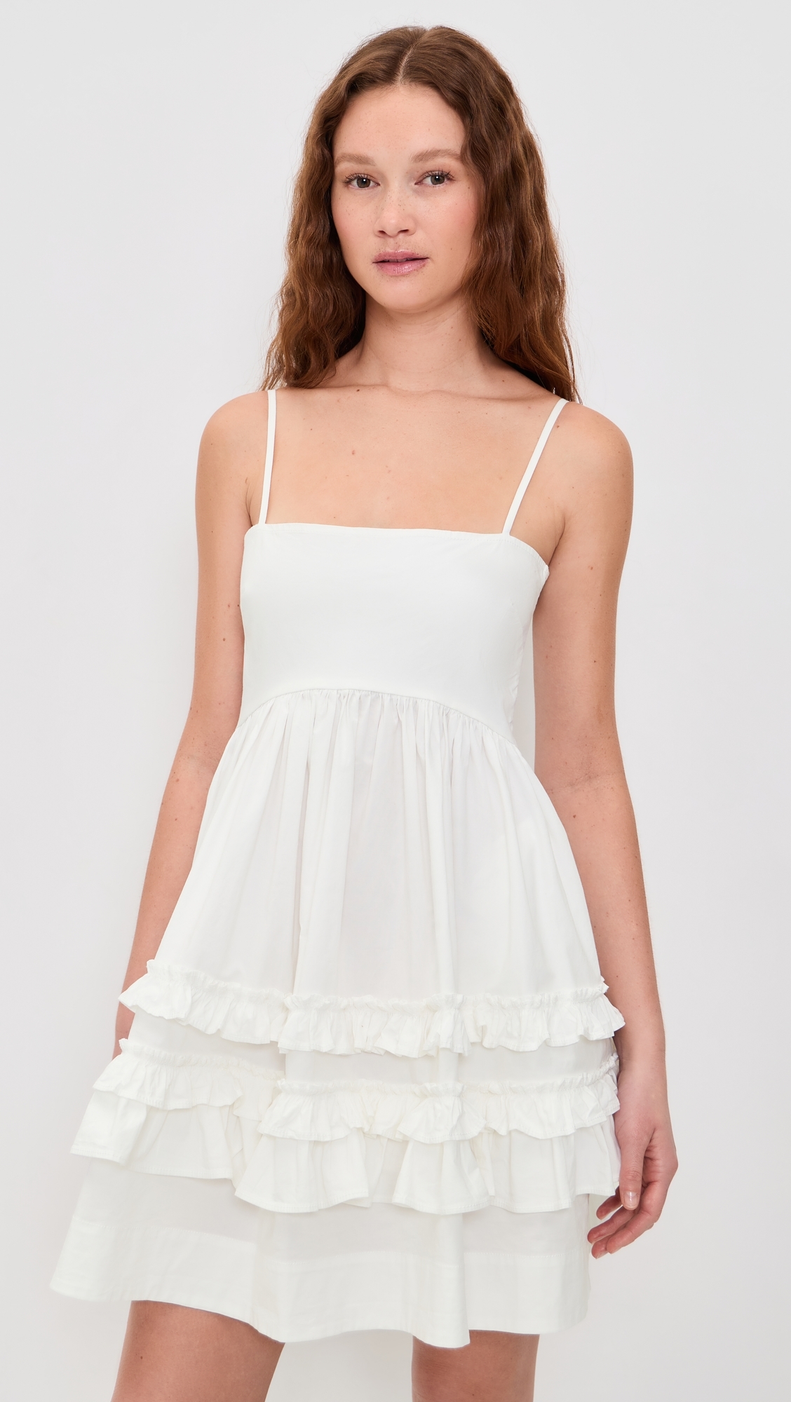 Stretch Cotton Mini Strap Dress with Frill Bright White