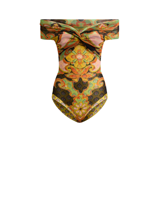 Tulle Bodysuit With Open Shoulders And Placed Floral Print