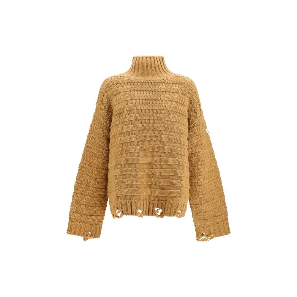 Distressed Wool Turtleneck Sweater — Beige
