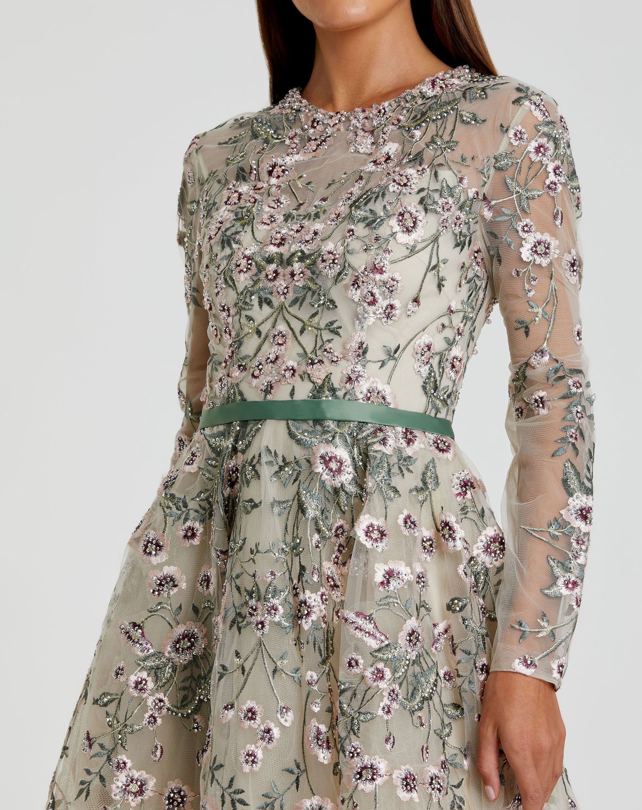 Long Sleeve Floral Embellished Maxi Gown In Sage Green Multi
