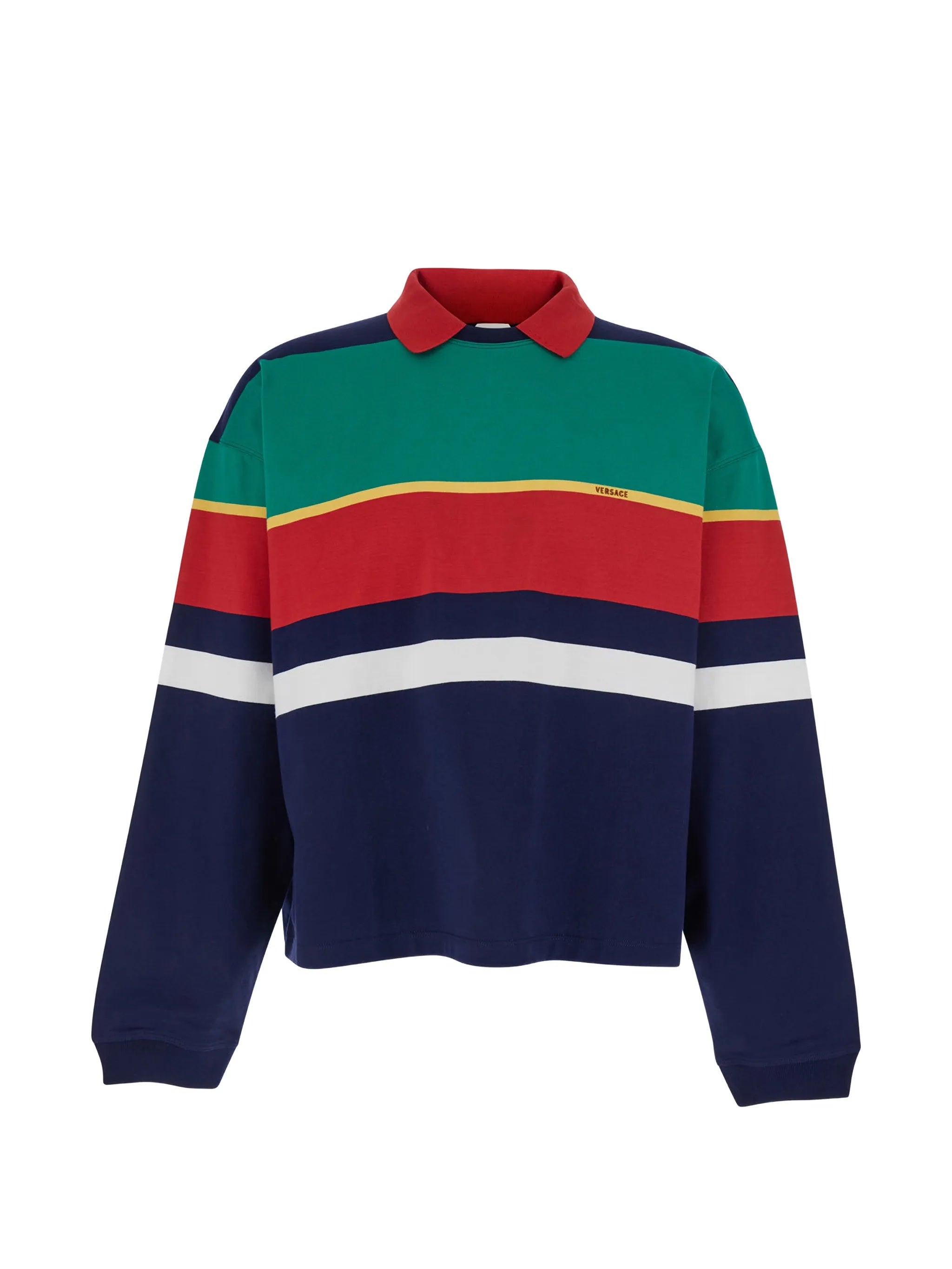 Versatile Striped Cotton Polo-Collar Sweatshirt with Embroidered Logo and Back Medusa Detail