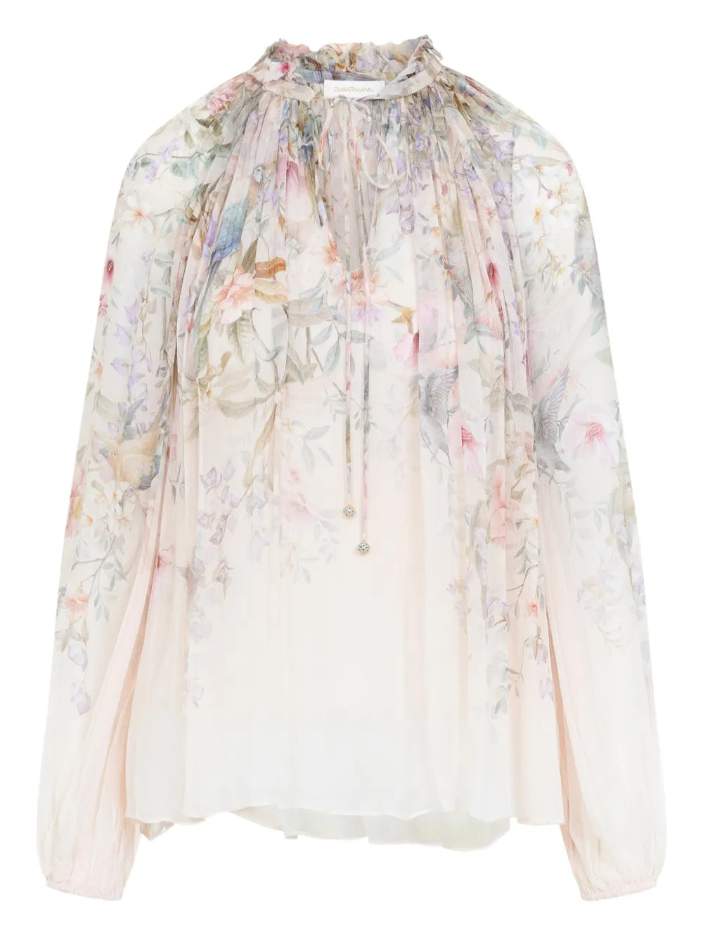 Ruffled Floral-Print Blouse — Cream