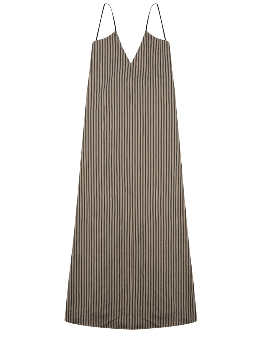 Beige Stripes V Neck Maxi Dress