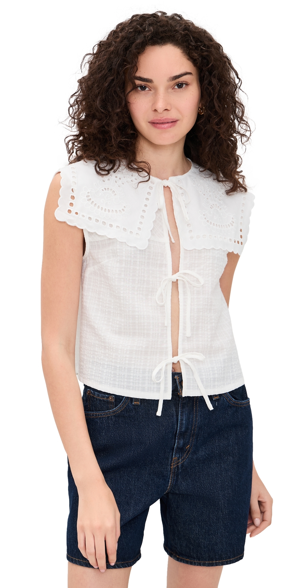 Cutwork Collar Tie Front Blouse White
