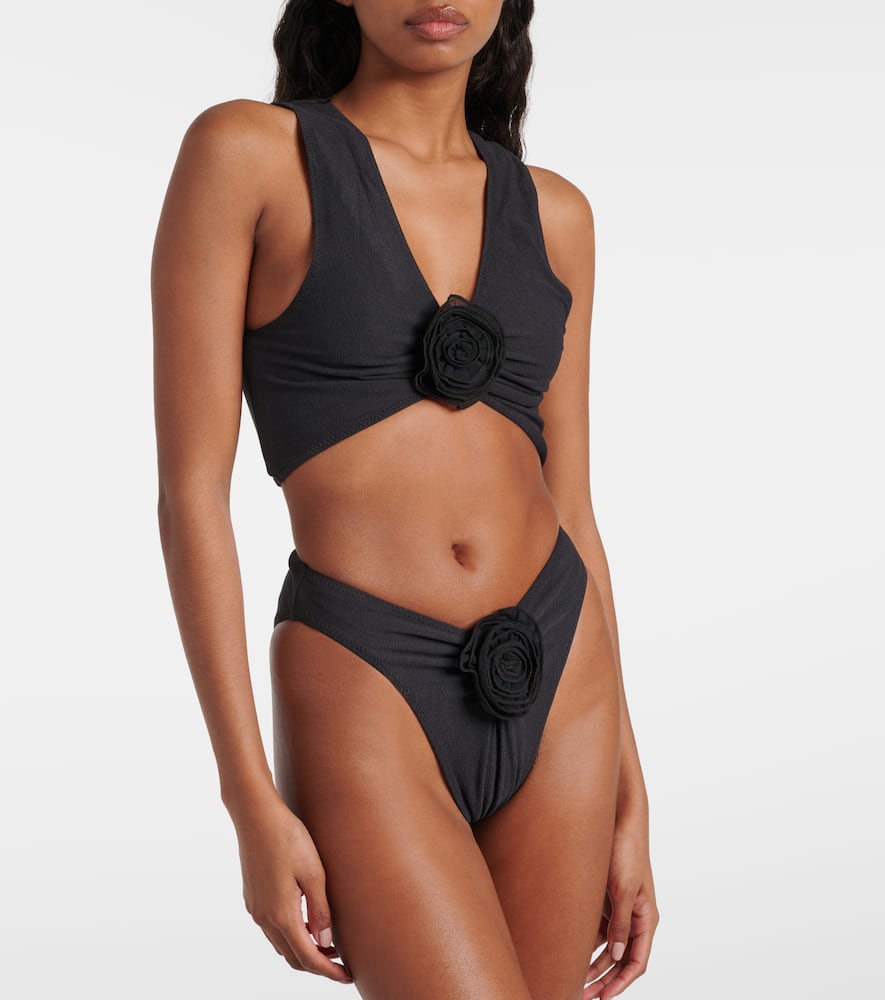 Floral-appliqué high-rise bikini bottoms