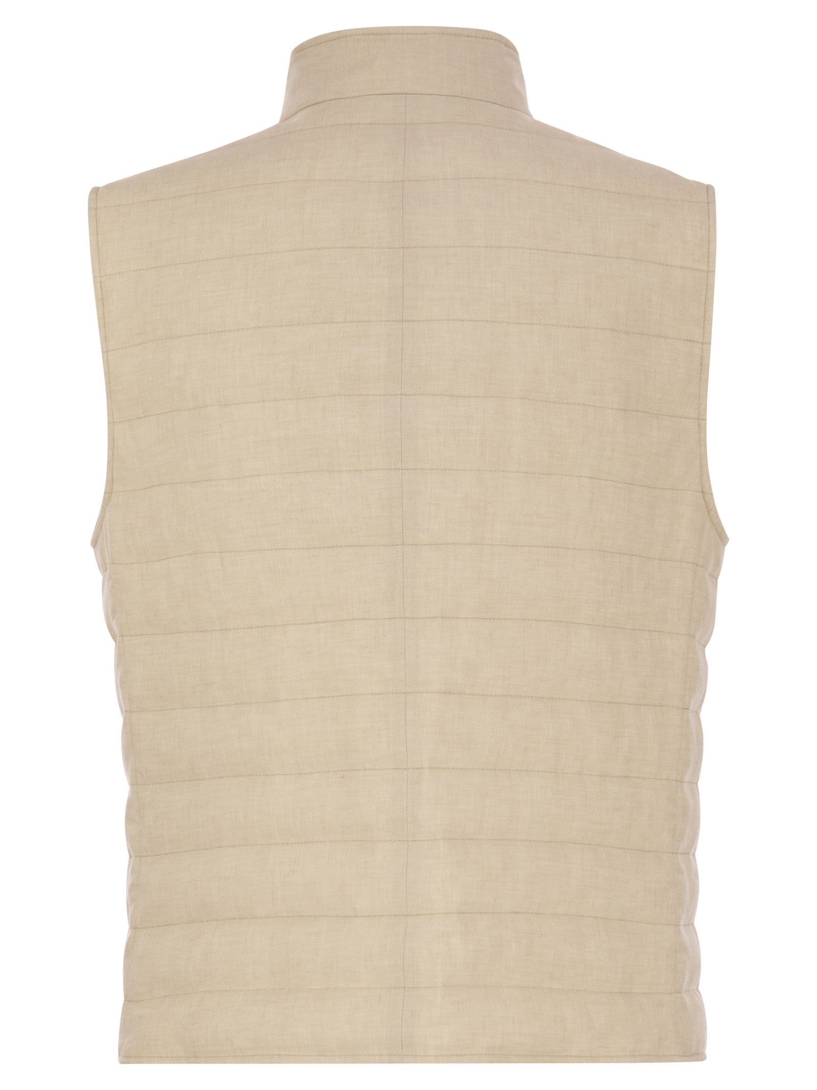 Lightweight Sleeveless Down Jacket In Linen And Wool Canvas