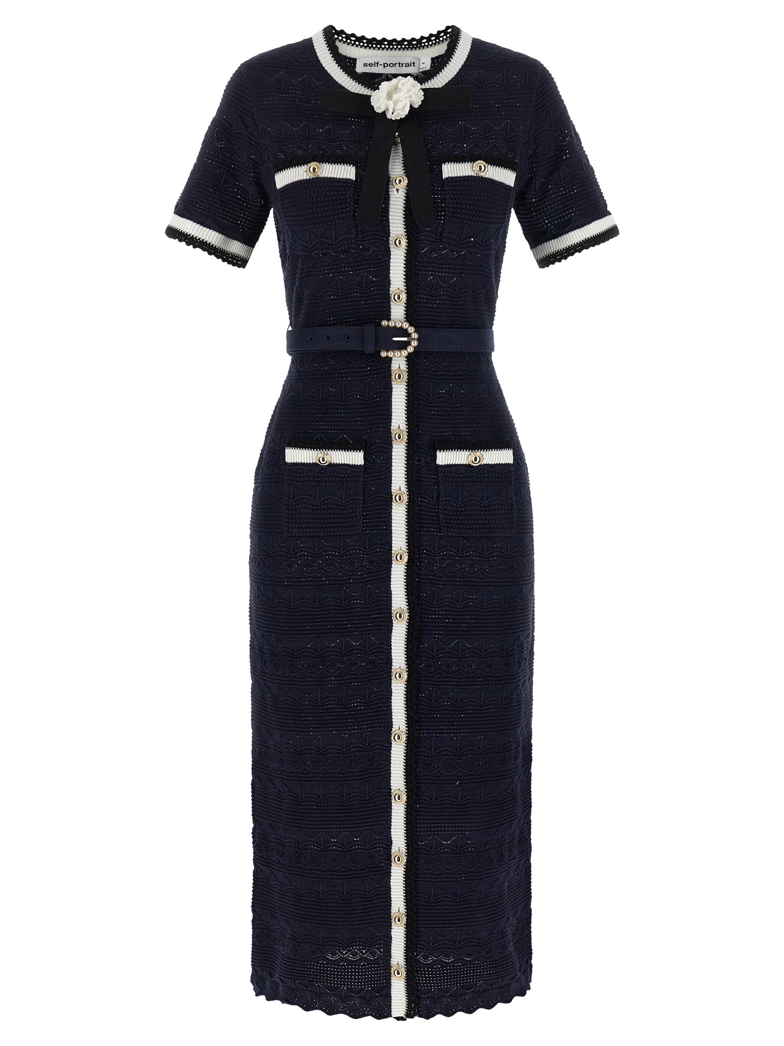 Pointelle Knit Midi Dress — Navy