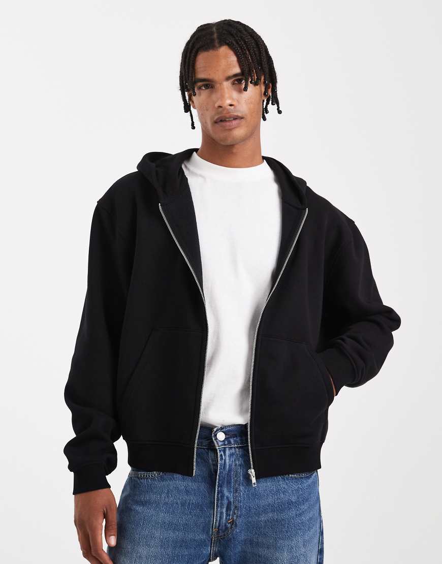 Essential boxy oversized zip up hoodie in black