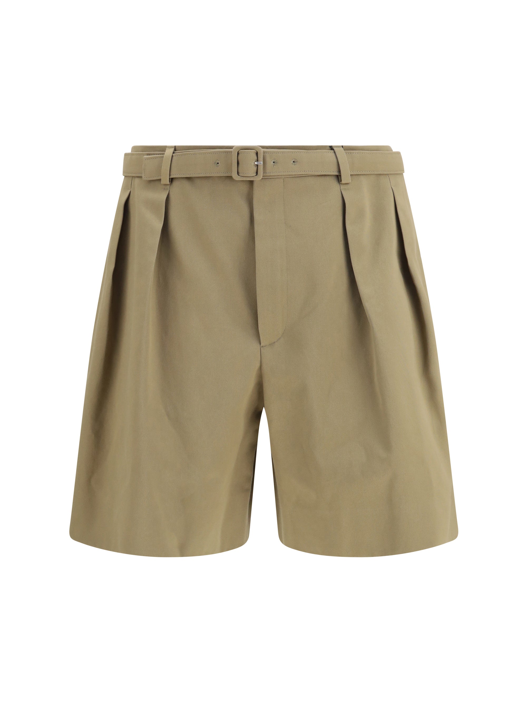 Pleated Belt Cotton Bermuda Shorts — Beige