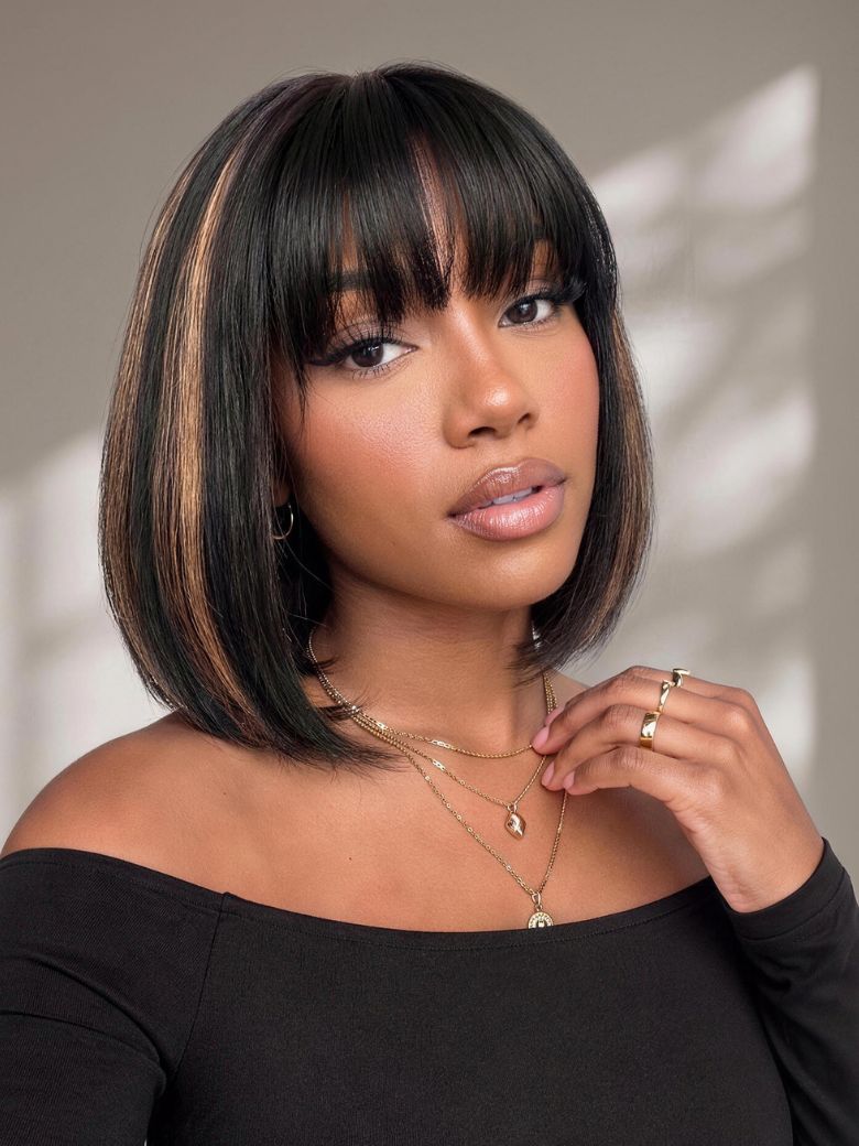 UNice 2x4 Lace Closure Black with Brown Highlights Yaki Straight Bob Wig with Bangs Chin-Length