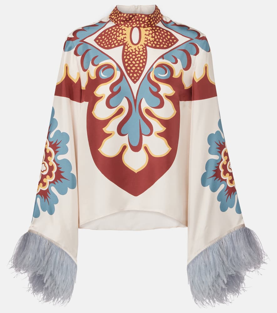 La DoubleJ Make An Exit feather-trimmed silk top