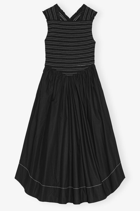 Black Washed Stretch Cotton Smock Midi Dress