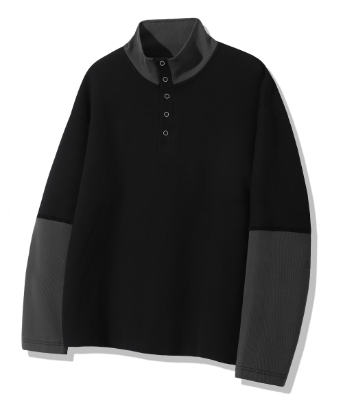 Waffle Ring Snap Collar Henley Neck Long Sleeve_Black